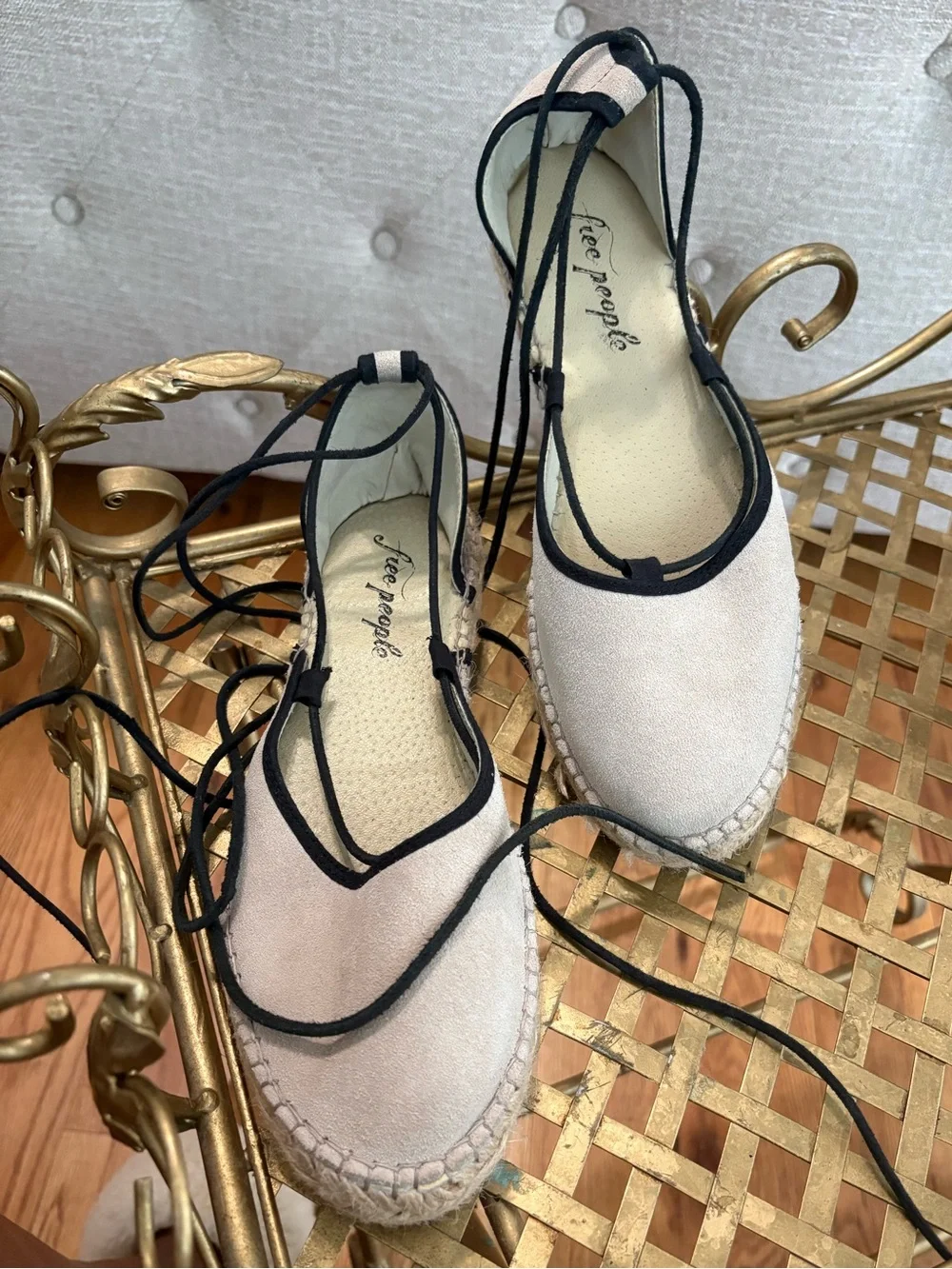 Free People Cream Espadrille Lace-Up Flats with Black Trim